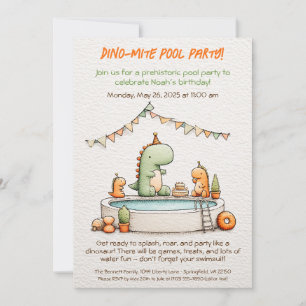 Cute Dinosaur Pool Party Birthday Invitation 