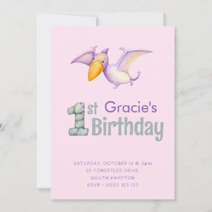 Cute Dinosaur Pterodactyl 1st Birthday Party Girls Invitation