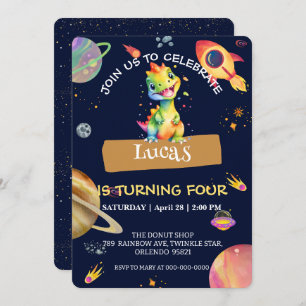 Cute Dinosaur rainbow Galaxy space birthday party Invitation