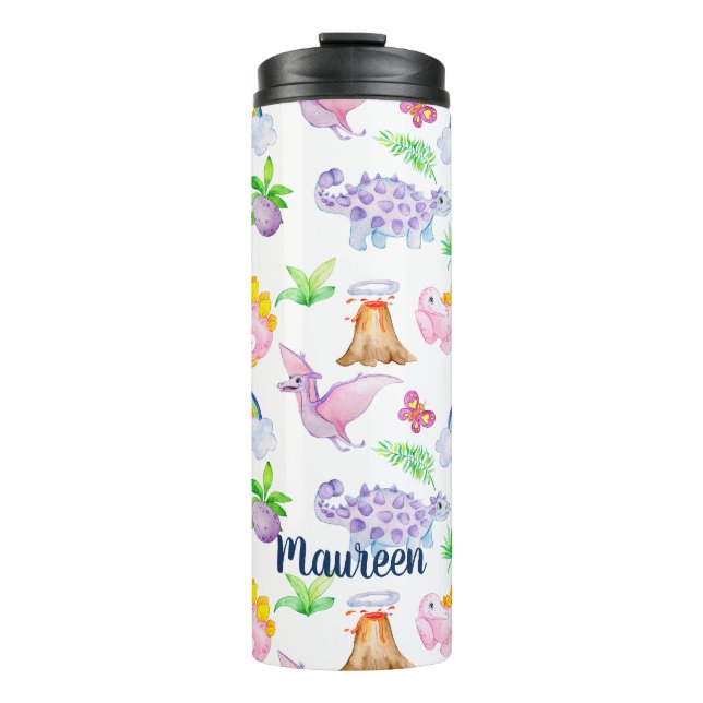 Cute Dinosaur Rainbow Watercolor Jungle Pattern Thermal Tumbler (Front)