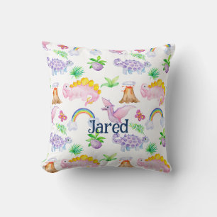 Cute Dinosaur Rainbow Watercolor Kids Jungle Cushion