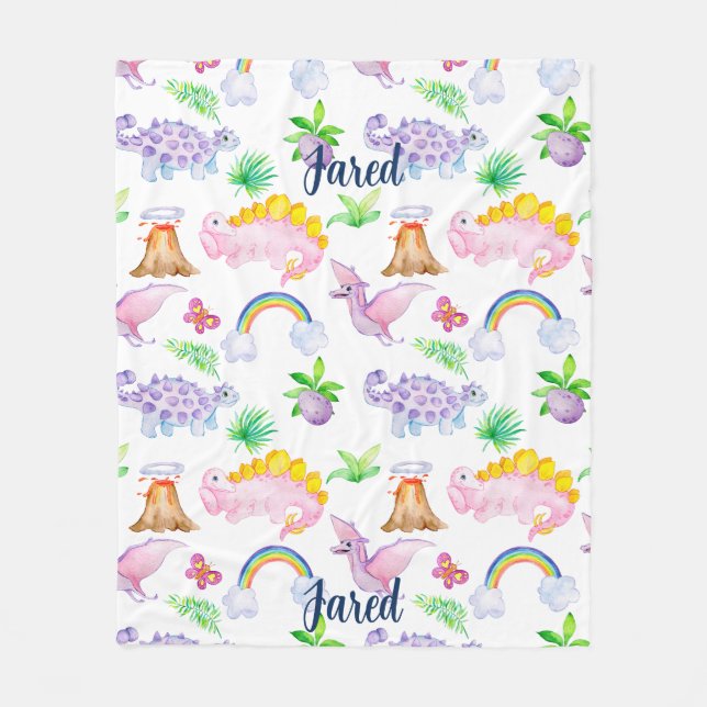 Cute Dinosaur Rainbow Watercolor Kids Jungle Fleece Blanket (Front)