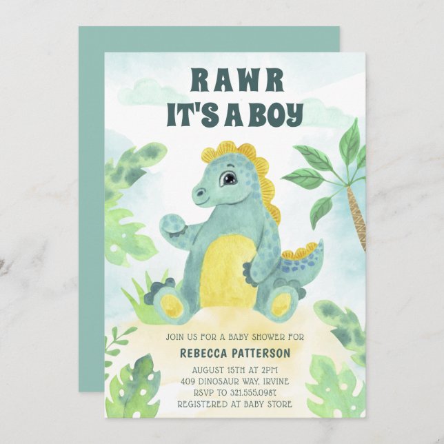 Cute Dinosaur Rawr Its a Boy Baby Shower Invitation (Front/Back)