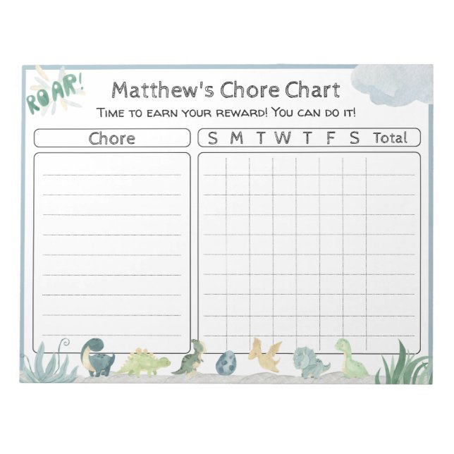 Cute Dinosaur Reward Chart Personalised Tear Away  Notepad (Front)