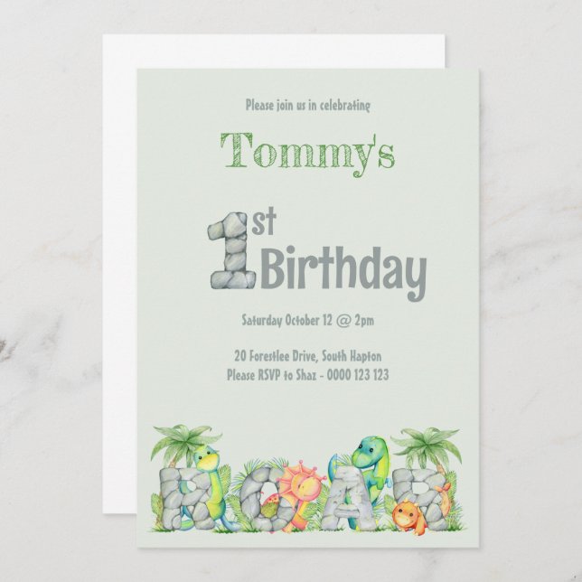 Cute Dinosaur Roar 1st Birthday Boys  Invitation (Front/Back)