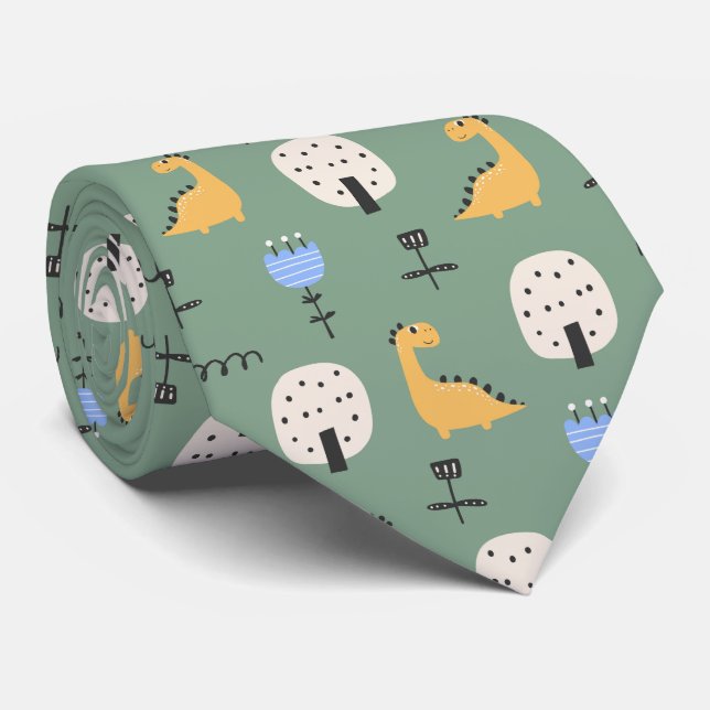 Cute Dinosaur Sage Green Pattern Tie (Rolled)