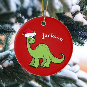Cute Dinosaur Santa Claus Hat Red Kids Christmas Ceramic Ornament