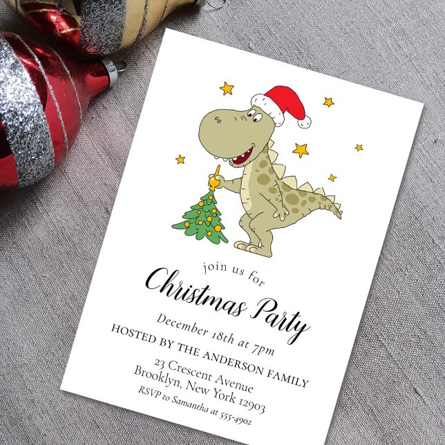 Cute Dinosaur Santa Hat Christmas Party Invitation (Creator Uploaded)