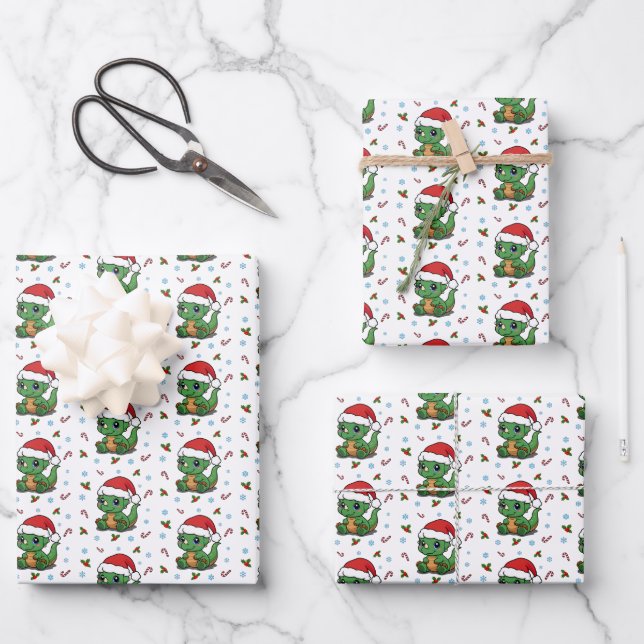 Cute Dinosaur Santa Hat Christmas Wrapping Paper (Front)
