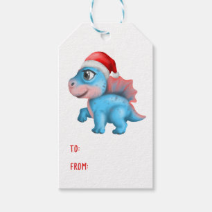 Cute Dinosaur Santa Hat Kids Blue Christmas  Gift Tags