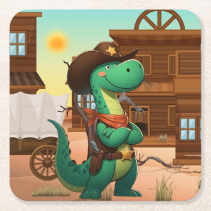 Cute dinosaur sheriff/cowboy square paper coaster