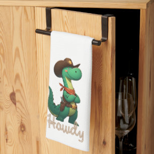 Cute dinosaur sheriff/cowboy tea towel