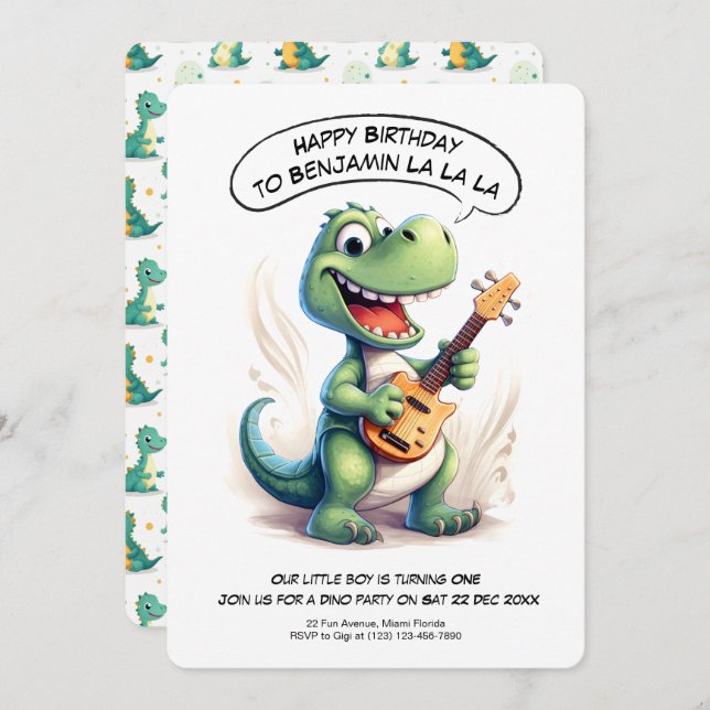 Cute Dinosaur Singing | Dino Music Kids Birthday Invitation (Front/Back)