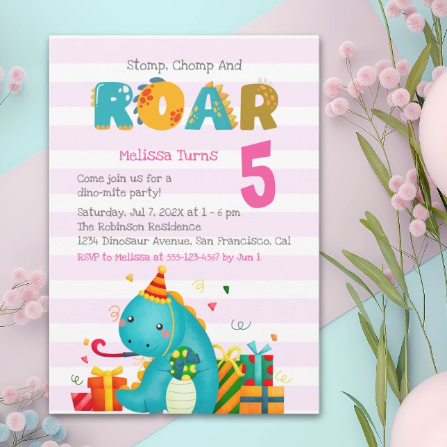 Cute Dinosaur Stomp Chomp and roar Birthday Girl Invitation (Creator Uploaded)