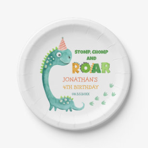 Cute Dinosaur Stomp Chomp Roar Birthday Paper Plate