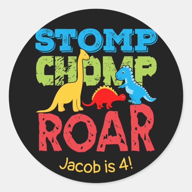 Cute Dinosaur Stomp Chomp Roar Birthday Sticker (Front)
