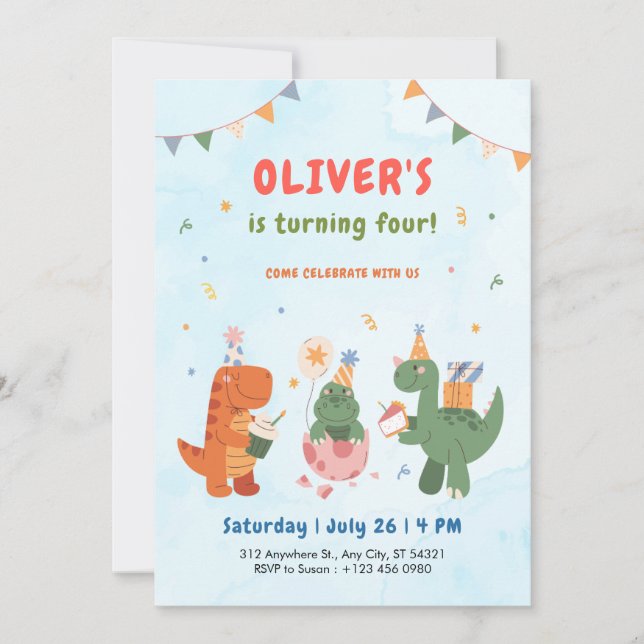 cute dinosaur t-rex kids 4th Birthday Invitation   (Front)