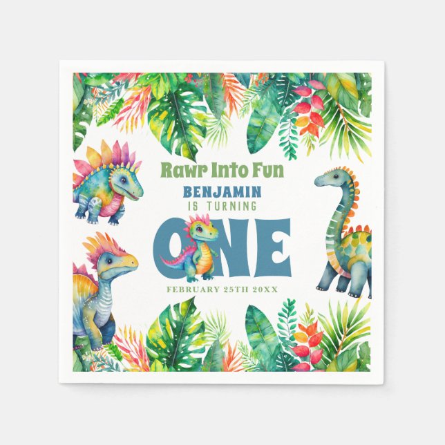 Cute Dinosaur Theme 1st Birthday Boy Watercolor Napkin (Front)