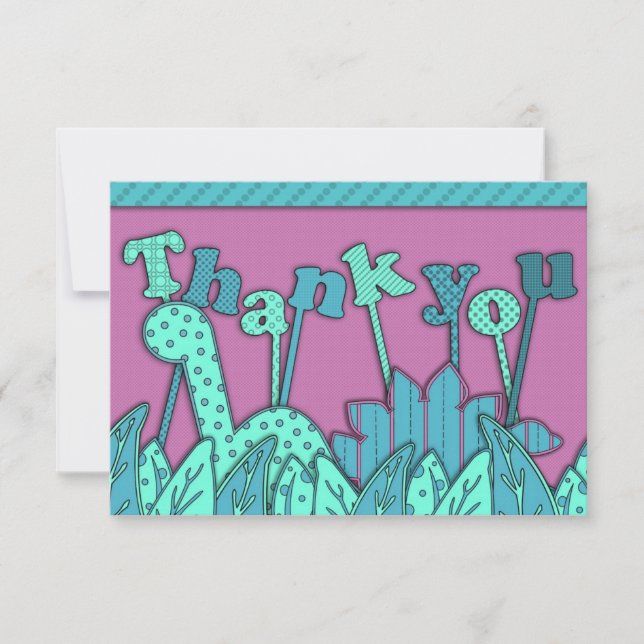 Cute Dinosaur Theme Flat Thank You Note Turquoise Card (Front)
