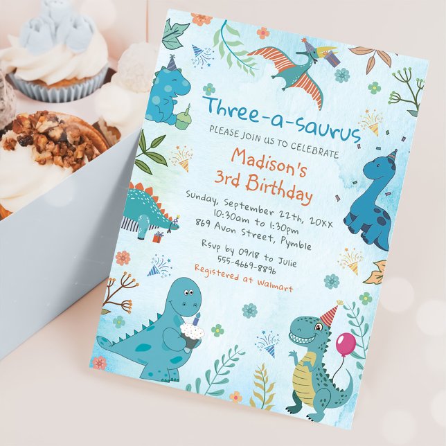 Cute Dinosaur Three-A-Saurus 3rd Birthday  Invitation (Creator Uploaded)
