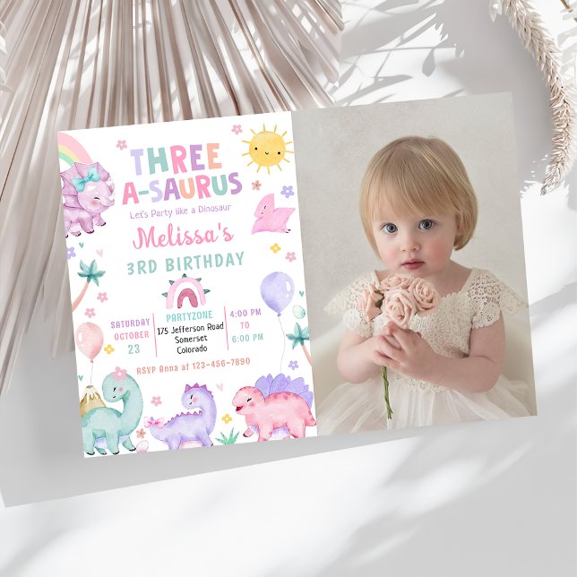 Cute Dinosaur Three-A-Saurus 3rd Birthday Photo Invitation (Creator Uploaded)