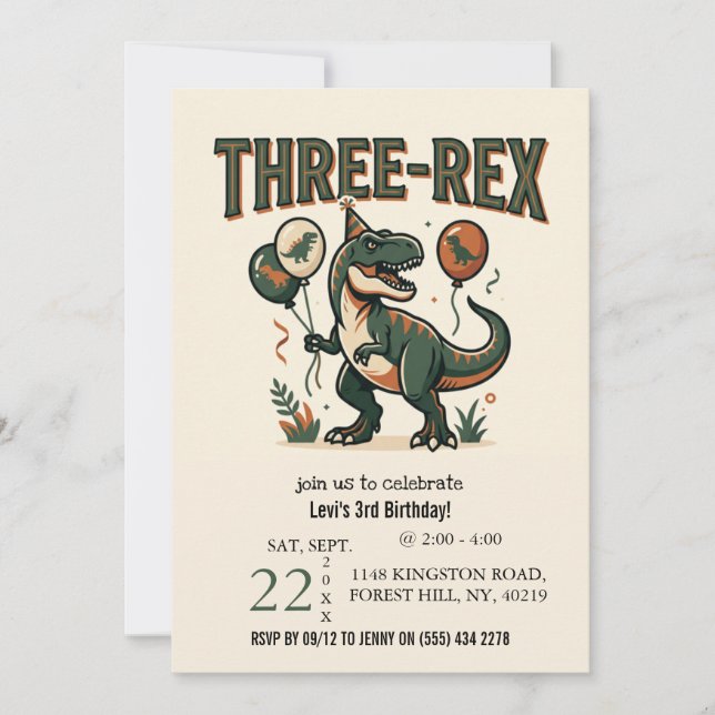 Cute Dinosaur Three-Rex 3rd Birthday Invitation (Front)
