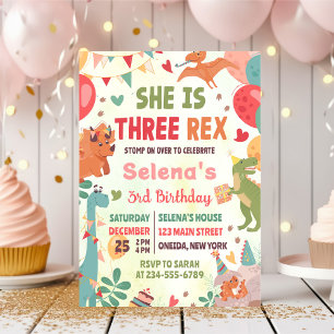 Cute Dinosaur Three Rex 3rd Birthday Party Invitation
