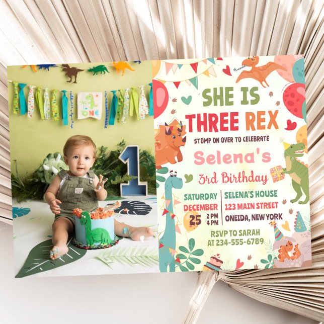 Cute Dinosaur Three Rex 3rd Birthday Party Photo  Invitation (Creator Uploaded)