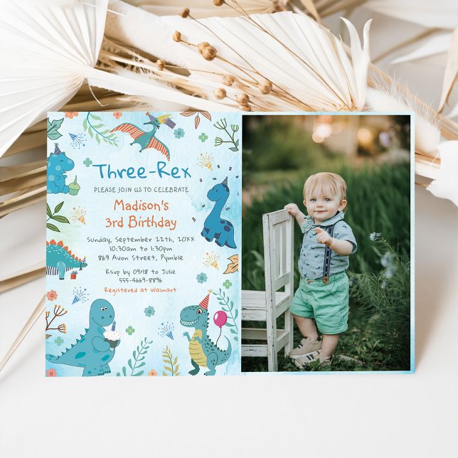 Cute Dinosaur Three Rex 3rd Birthday Party Photo Invitation (Creator Uploaded)