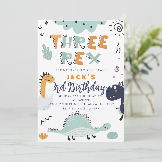Cute Dinosaur Three Rex Birthday Party Invitation (Standing Front)