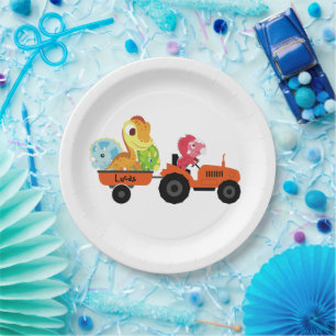 Cute dinosaur tractor boy Back To School Birthday Paper Plate