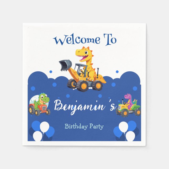 Cute dinosaur tractor dig truck balloon Birthday  Napkin (Front)