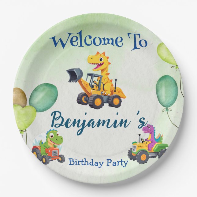 Cute dinosaur tractor dig truck balloon Birthday  Paper Plate (Front)