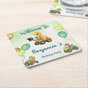 Cute dinosaur tractor dig truck balloon Birthday Square Paper Coaster