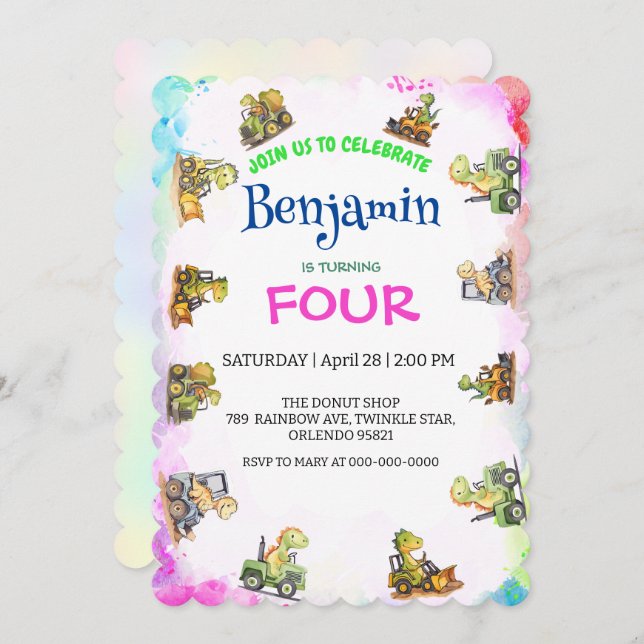 Cute dinosaur tractor Rainbow B2S School Birthday  (Front/Back)