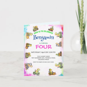 Cute dinosaur tractor Rainbow B2S School Birthday  Invitation