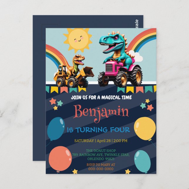 Cute dinosaur tractor Rainbow balloon Birthday Boy Postcard (Front/Back)