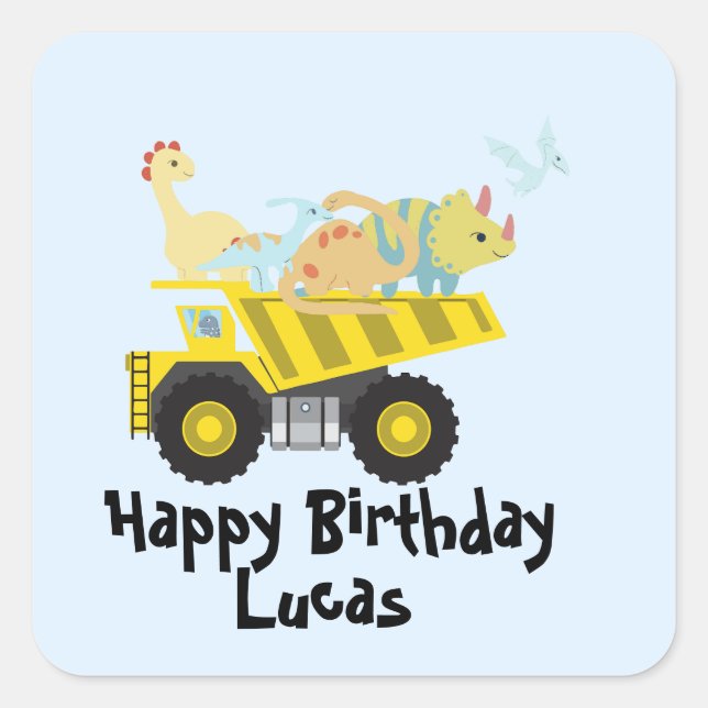 Cute Dinosaur Tractor truck boys birthday party Square Sticker (Front)