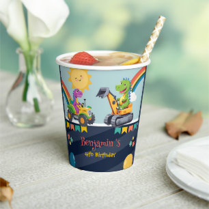 Cute dinosaur tractor truck Rainbow balloon HBD Paper Cups