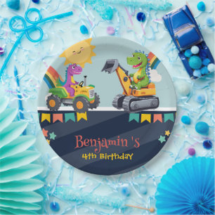 Cute dinosaur tractor truck Rainbow balloon HBD Paper Plate