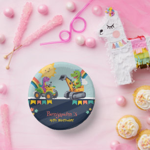 Cute dinosaur tractor truck Rainbow balloon HBD Paper Plate