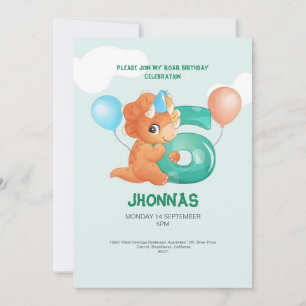 cute dinosaur trex party 6th birthday invitation