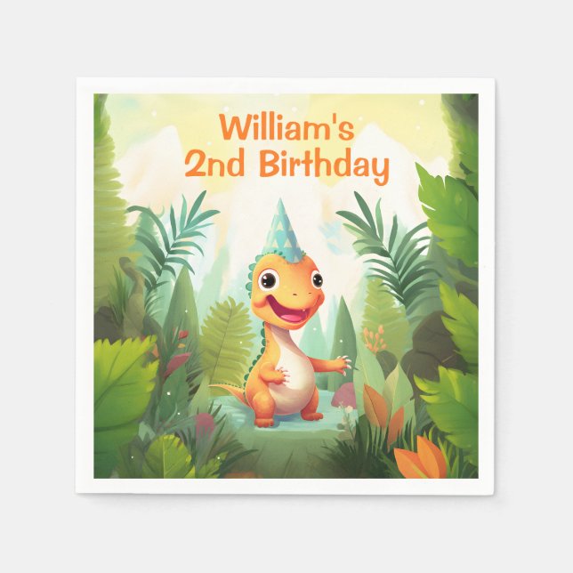 Cute Dinosaur Tropical Forest | Dino Kids Birthday Napkin (Front)