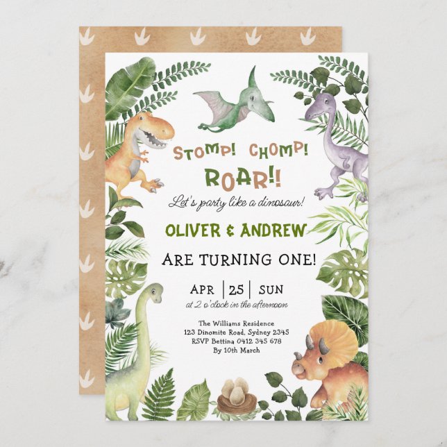 Cute Dinosaur Twin Boys Birthday Jurassic Party Invitation (Front/Back)