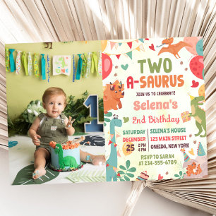 Cute Dinosaur Two-A-Saurus 2nd Birthday Photo Invitation