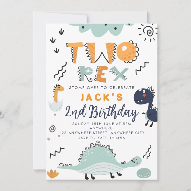 Cute Dinosaur Two Rex Birthday Party Invitation (Front)