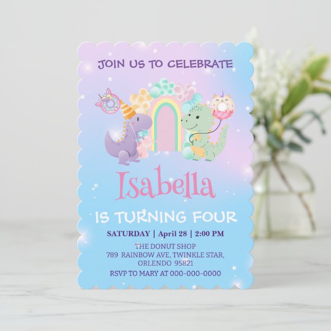 Cute Dinosaur Unicorn Doughnut Rainbow Birthday ki Invitation (Standing Front)