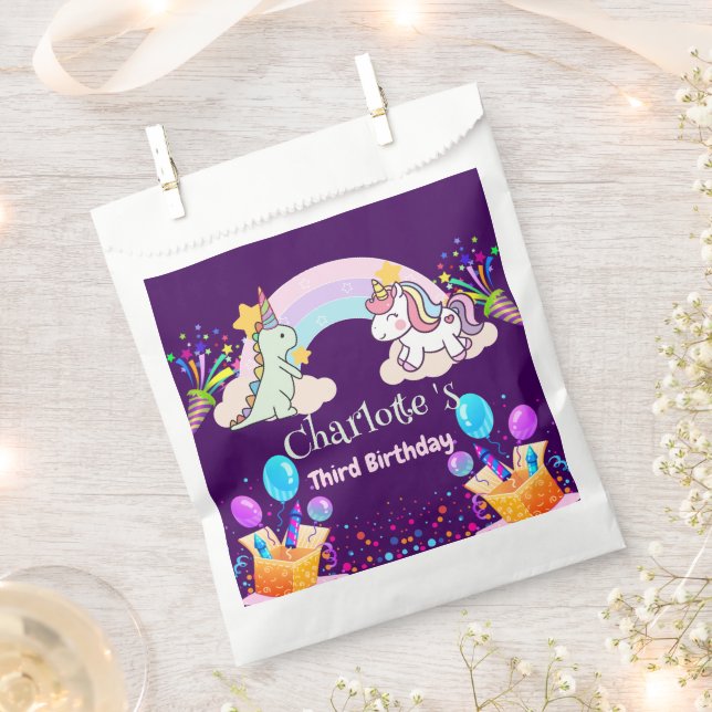 Cute Dinosaur Unicorn rainbow Balloon birthday  Favour Bag (Clipped)