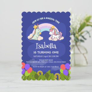 Cute Dinosaur Unicorn rainbow Balloon birthday Invitation