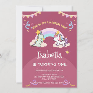 Cute Dinosaur Unicorn rainbow Balloon birthday  Invitation